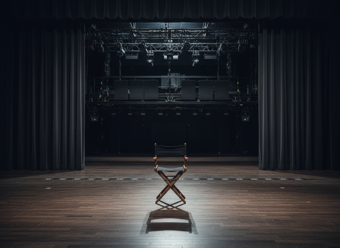 A sleek, unlit theatre stage framed by deep charcoal curtains, with a single empty director’s chair placed precisely center stage. The rich wooden floorboards have a subtle satin sheen, reflecting faint glimmers from recessed floor lights along the apron. In the background, a soft-focus array of lighting rigs, cables, and sound panels suggests high-end production capability. Cool, diffused overhead lighting creates a calm, anticipatory atmosphere, with gentle shadows radiating from the chair’s legs. Photographed at eye level with a slight wide-angle lens, the composition uses the rule of thirds to balance negative space and detail, conveying sophisticated, photographic realism that captures the poised readiness of a production about to begin.