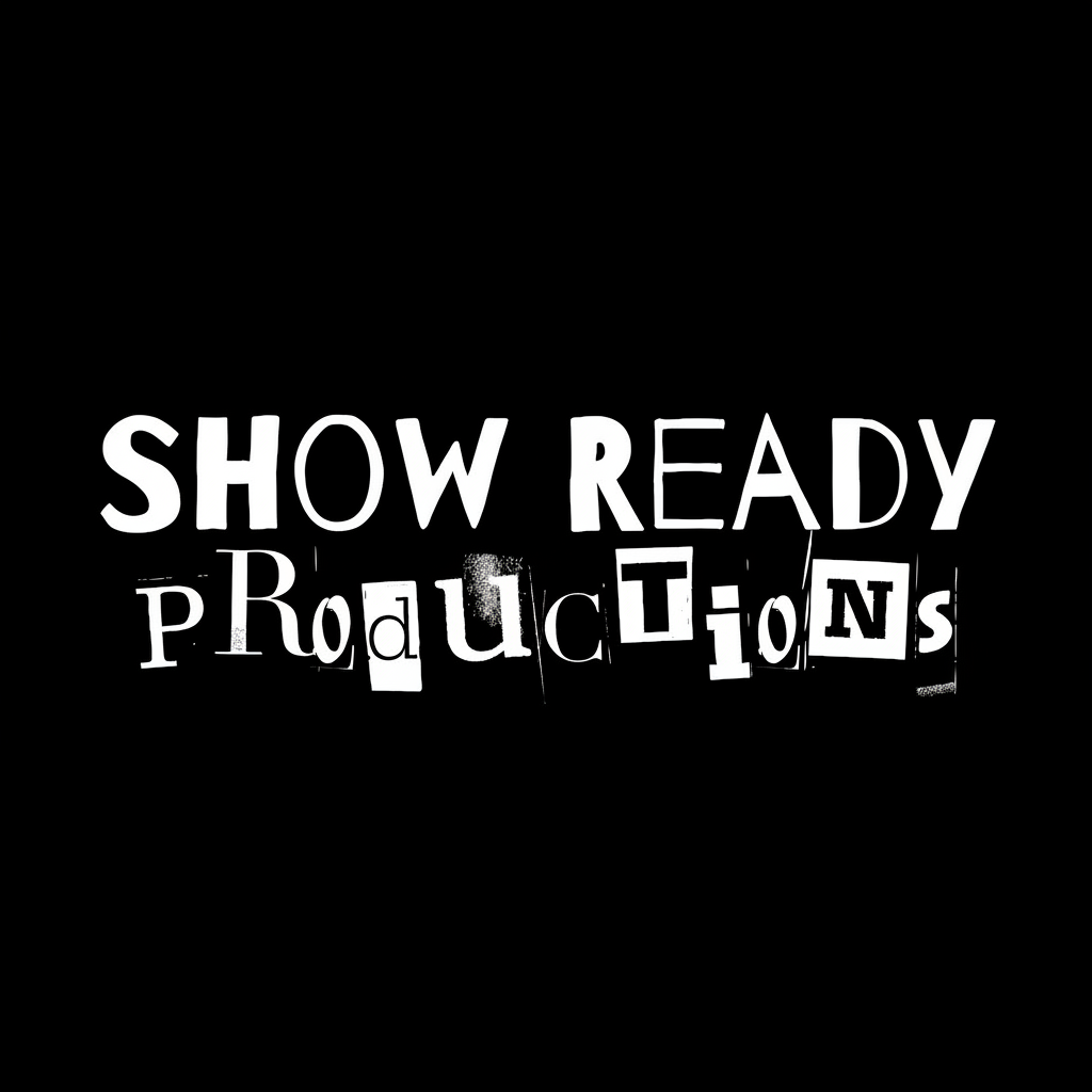 A clean, high-contrast version of the existing 'Show Ready Productions' logo on a pure black (#000000) background, preserving the current typography and composition but ensuring the background is fully black so it blends seamlessly into dark site headers. No additional graphics or gradients, just the original logo treatment on a solid black backdrop.