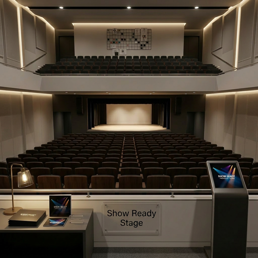 A stylish, branded welcome arrangement for a creative collective displayed on a slate-grey console table: a stack of custom foil-stamped folders reading “Show Ready Productions”, a glossy, minimalist brochure featuring abstract stage lighting imagery, and a small acrylic block holding a printed mission statement about collaboration and innovation. Beside them, a sculptural metal desk lamp with a warm Edison bulb casts a gentle, golden cone of light, creating rich reflections and soft shadows on the smooth surfaces. In the background, a blurred wall-mounted storyboard grid with neatly arranged cards and color swatches suggests active projects. Shot at eye level with a tight, horizontal framing, the photographic realism and clean aesthetic convey professionalism, exclusivity, and an invitation to join a refined creative community.
