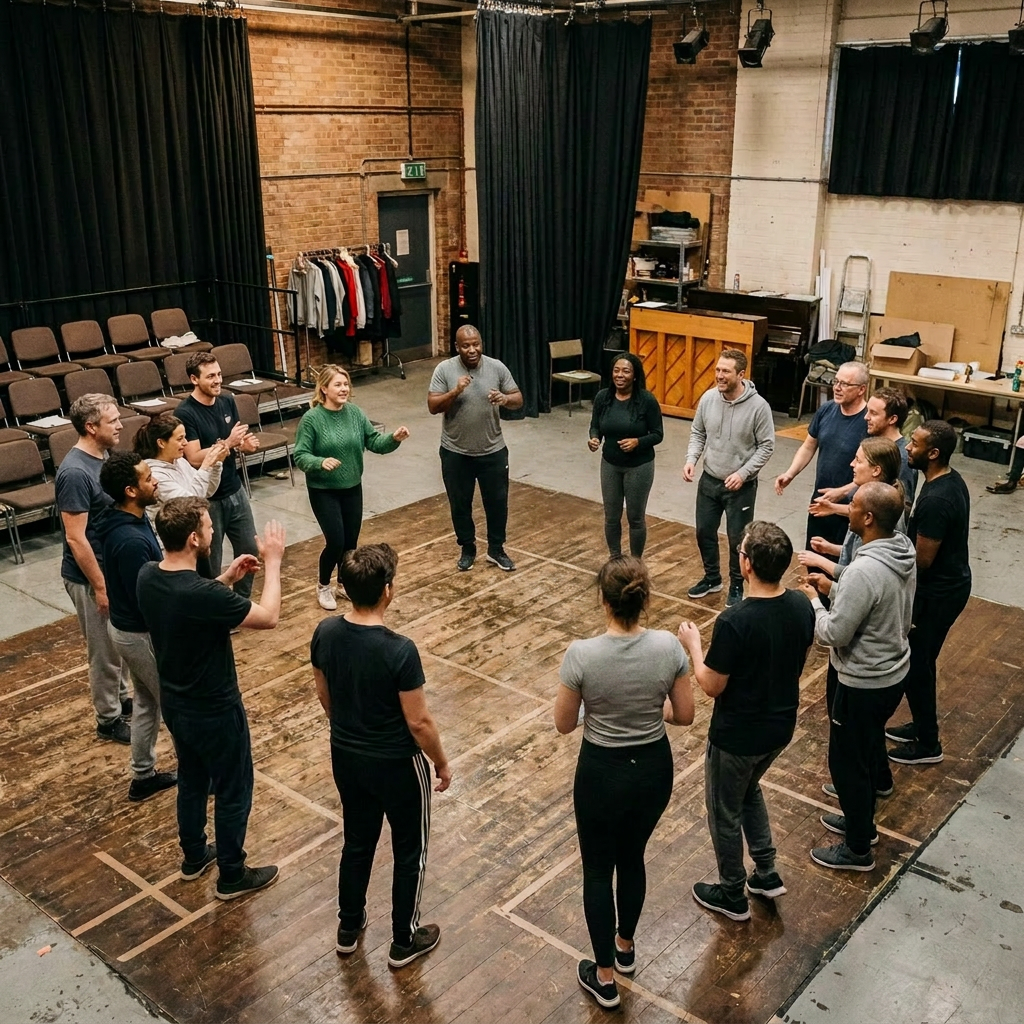 Group of people standing in a circle doing a theater warm-up exercise indoors